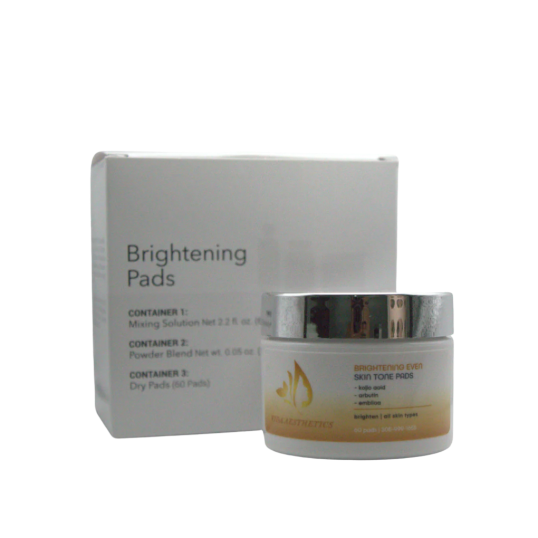 Skincare product with packaging labeled 'Brightening Pads' on a white background