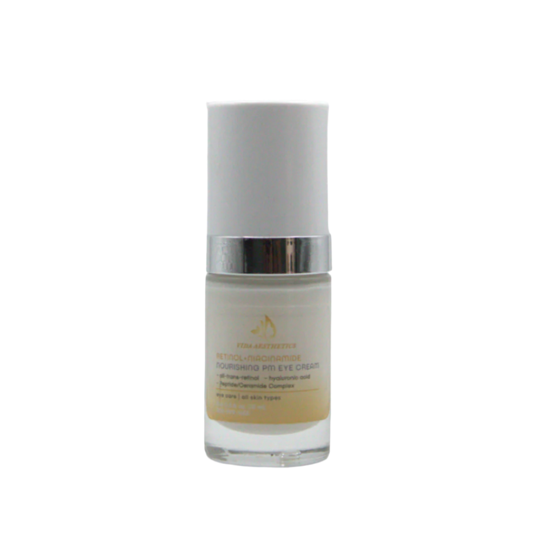 Skincare bottle with a white cap and beige label on a white background