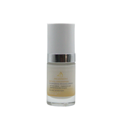 Skincare bottle with a white cap and beige label on a white background